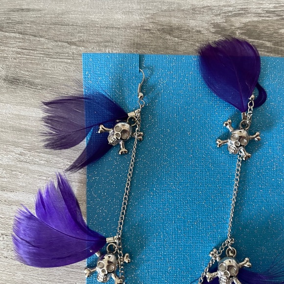 Purple Feather Skull Earrings - Picture 3 of 5